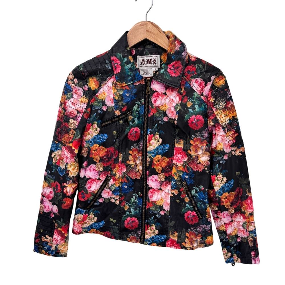 Vintage‎ Y2K Whimsigoth A.M.I Faux Leather Moto Jacket Small Black Flower Print